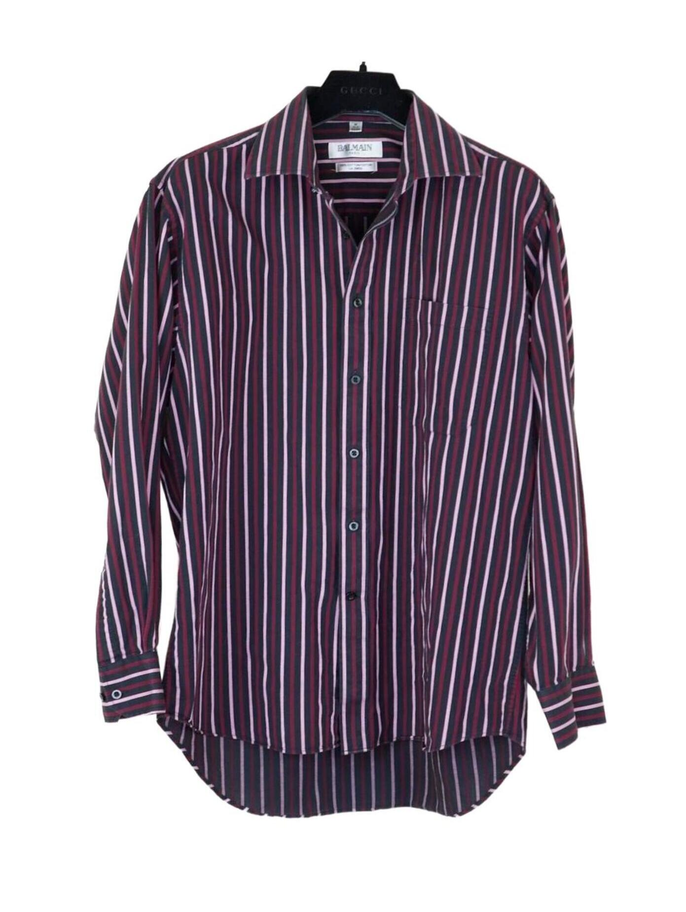 Balmain Paris Vintage Stripe Button Down Shirt Navy Burgundy Pink Size M